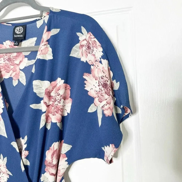 BOBEAU Size Small Short‎ Sleeve Midi Wrap Dress Blue Pink Floral Print - Picture 2 of 8